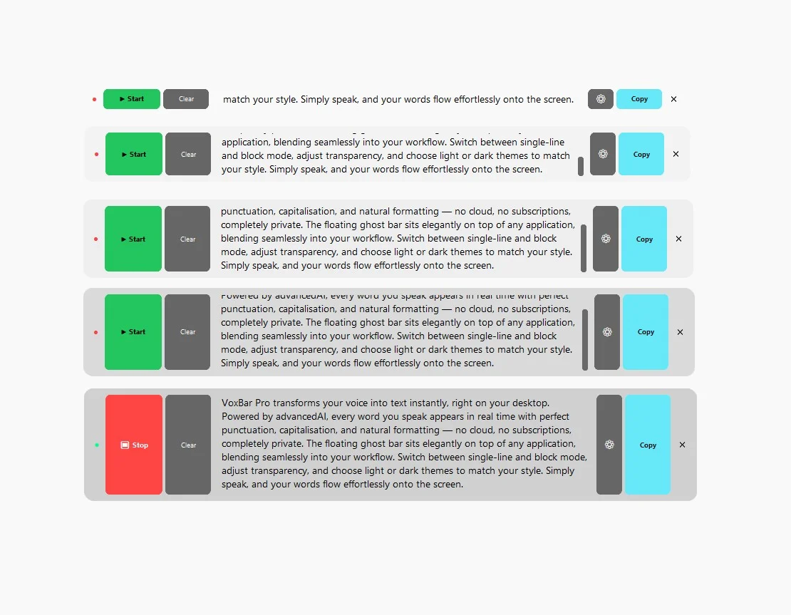 VoxBar Pro at five different sizes on a clean light background — showing the full range of adjustable sizing