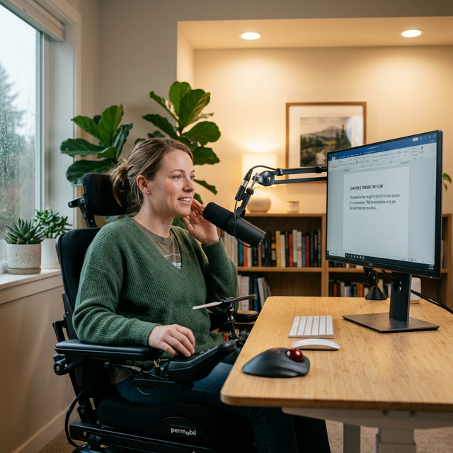 Person using voice transcription for accessibility