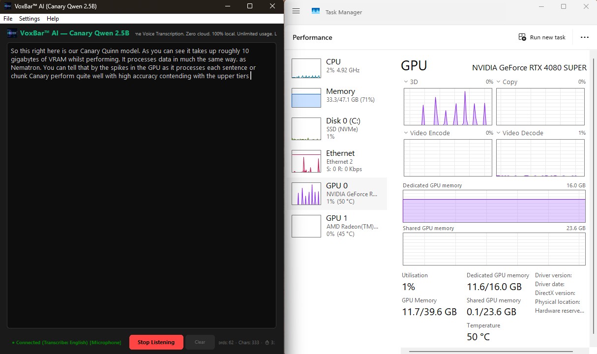 VoxBar AI Canary Qwen VRAM Test